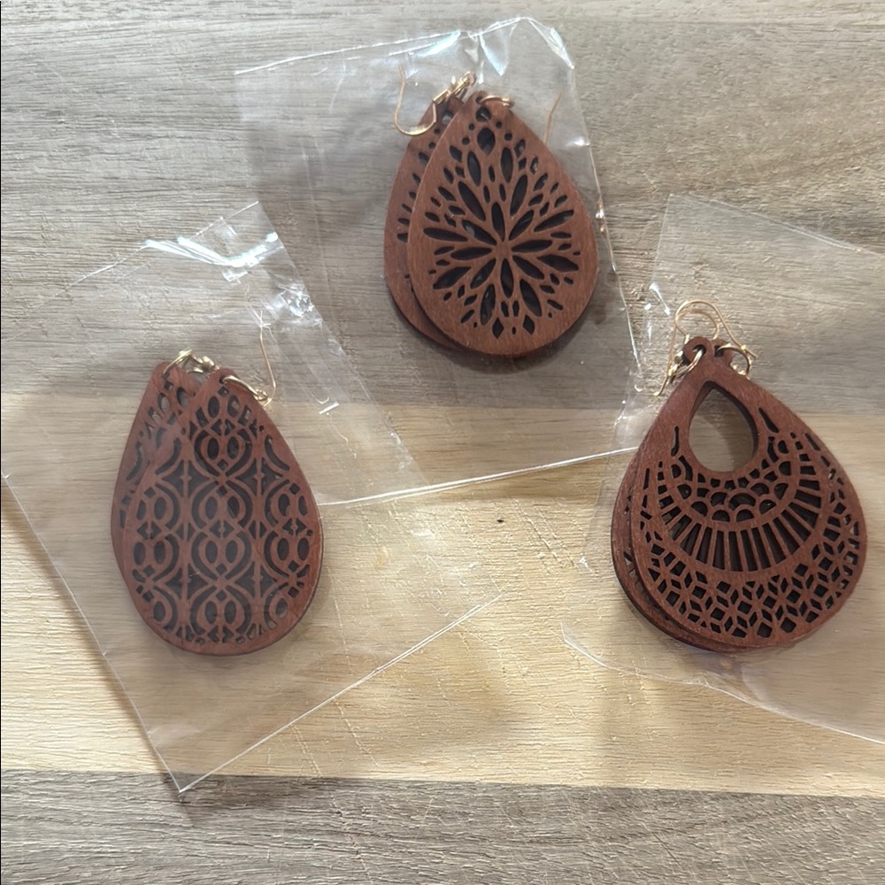 (3) Elegant Wood Brown Teardrop Earrings